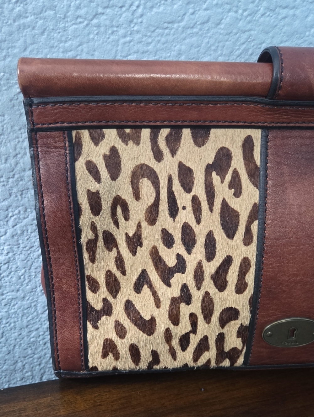 FOSSIL Leather Fold-Over Leopard Clutch Magnetic Closure Vintage - Picture 5 of 12